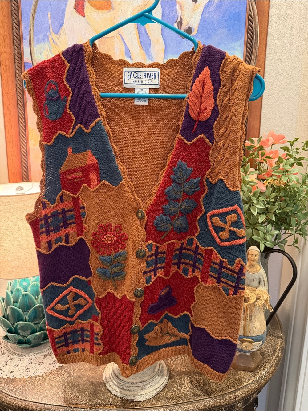 Vintage Eagle River Traders Patchwork Knit Vest in Brown, Mauve & Purple
